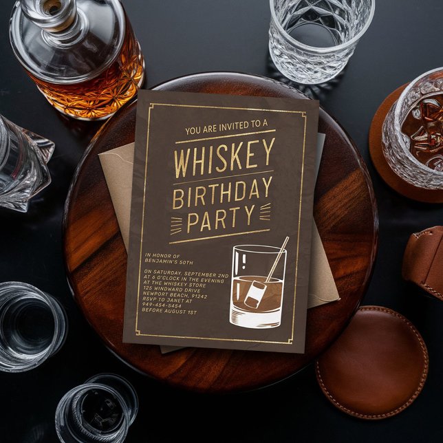 Convites Whiskey Faux Dourado Leather Elegante 50º Aniversá (whiskey 50th birthday party invitation men husband partner elegant tasting modern classy)
