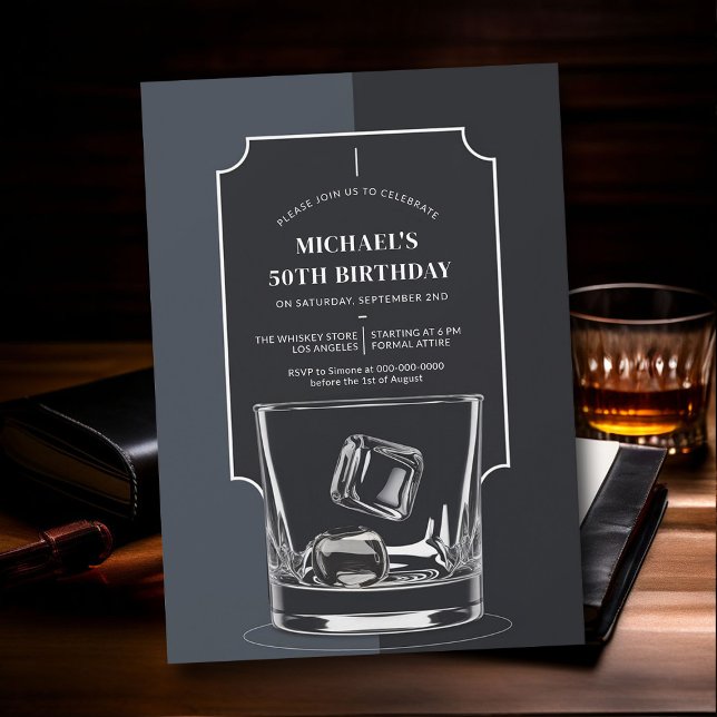 Convites Whiskey Lover Black Cinza moderna 50º aniversário (whiskey lover 50th birthday invitation men modern minimalist elegant black white modern)