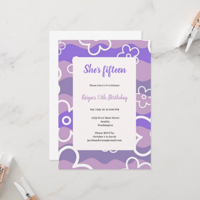 Convites Whit and purple birthday party invitation  (Frente/Verso In Situ)