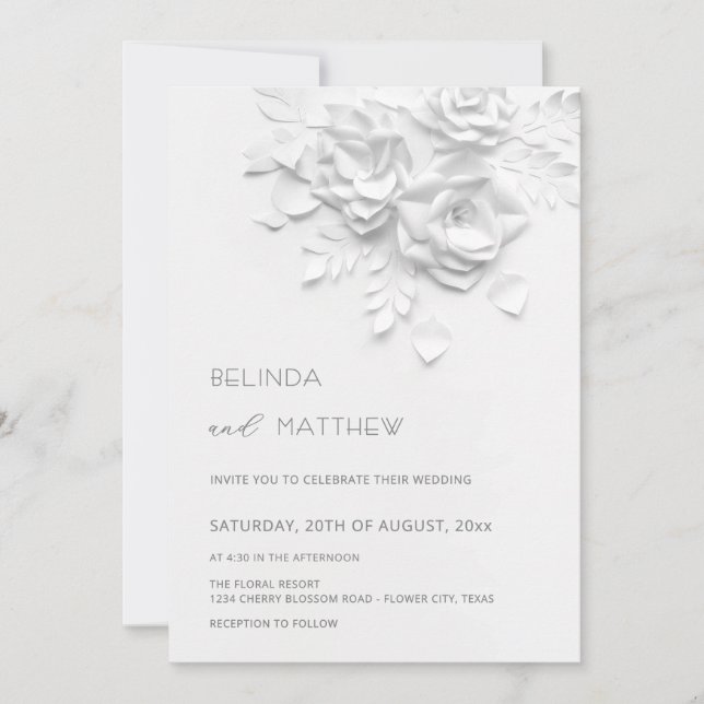 Convites White 3D Flowers Roses Minimalist Wedding Invitati (Frente)