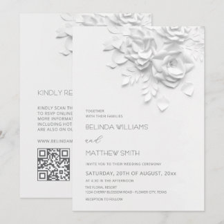 Convites White 3D Flowers Roses Simple Wedding