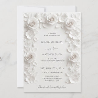 Convites White 3D Roses Frame Wedding Minimalist