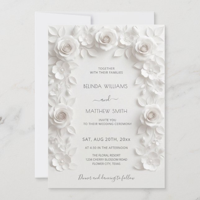 Convites White 3D Roses Frame Wedding Simple (Frente)