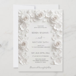 Convites White 3D Roses Frame Wedding Simple