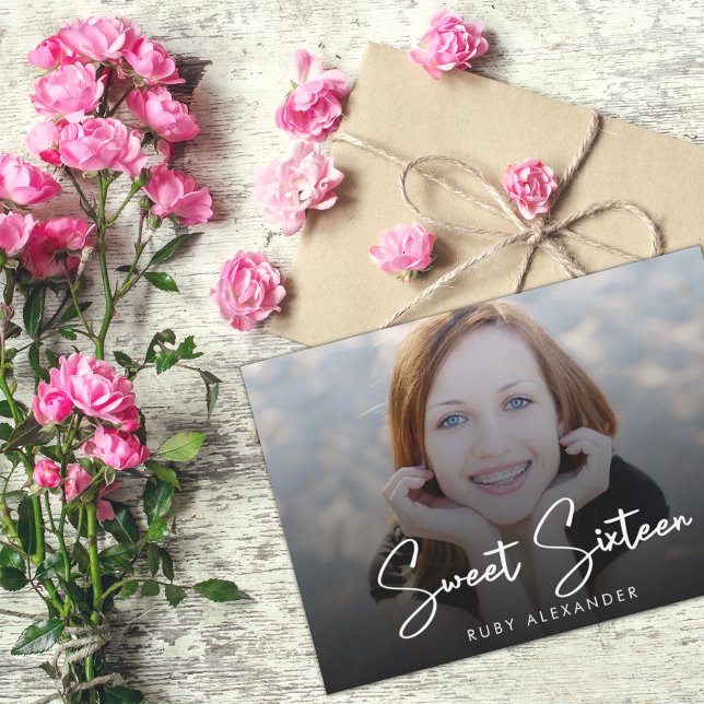 Convites White 4 Foto, White Script Casual, Sweet 16 Aniver (Criador carregado)