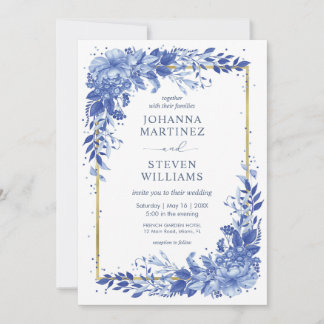 Convites White and Blue Flowers Golden Frame Wedding