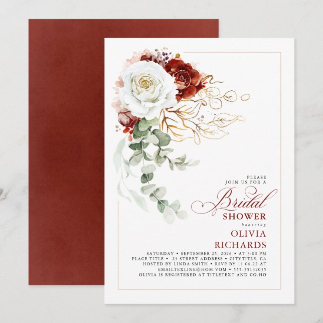 Convites White and Burgundy Red Floral Fall Bridal Shower (Frente/Verso)