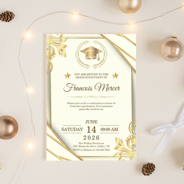 Convites White and Gold Elegant Graduation Party (Graduation Invitation)