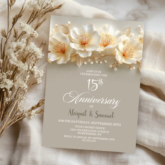 Convites White and Gold Floral 15th Wedding Anniversary (Criador carregado)