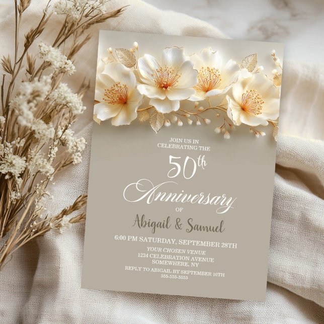 Convites White and Gold Floral 50th Wedding Anniversary (Criador carregado)