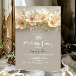 Convites White and Gold Floral 55th Birthday Party