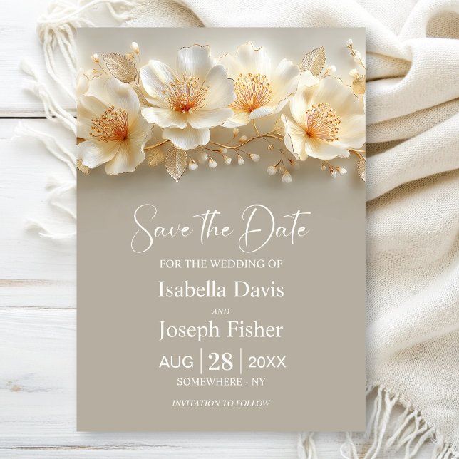 Convites White and Gold Floral Wedding Save the Date (Criador carregado)
