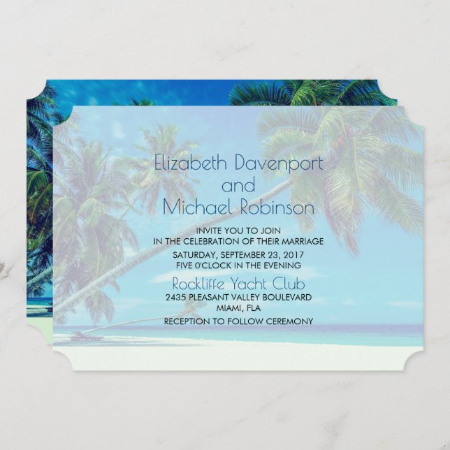 Convites White Beach com Casamento Tropical Palms (Frente/Verso)