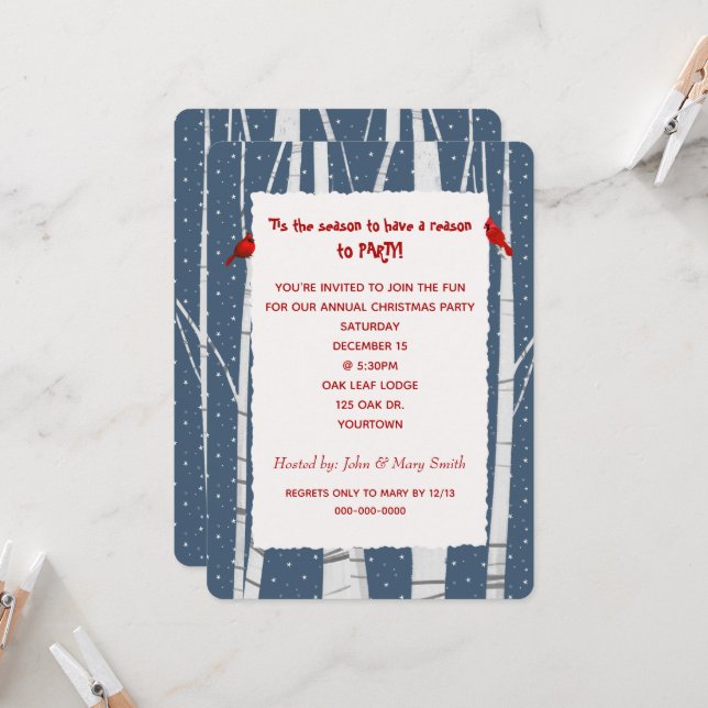 Convites White Birch e Snowflakes Cardeal de Natal (Frente/Verso In Situ)
