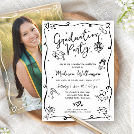 Convites White Black Hand Drawn Doodle Photo Graduate Party