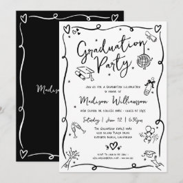 Convites White Black Hand Drawn Doodles Graduation Party