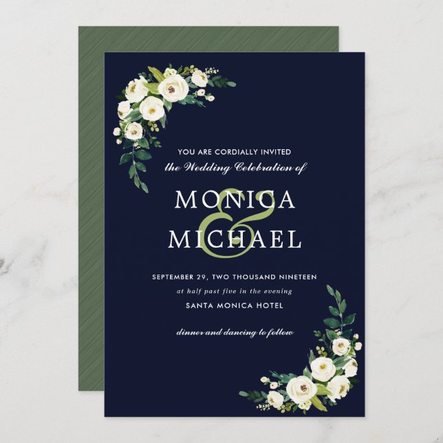 Convites White Bloom | Blue Floral Botanical Corner Wedding (Frente/Verso)