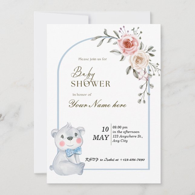 Convites White Blue Bear Baby Shower (Frente)