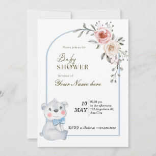 Convites White Blue Bear Baby Shower
