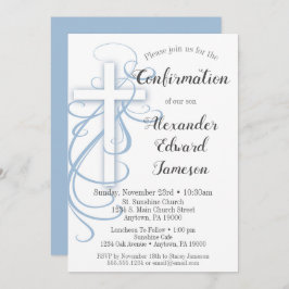 Convites White Blue Swirl Cross Confirmation Boy