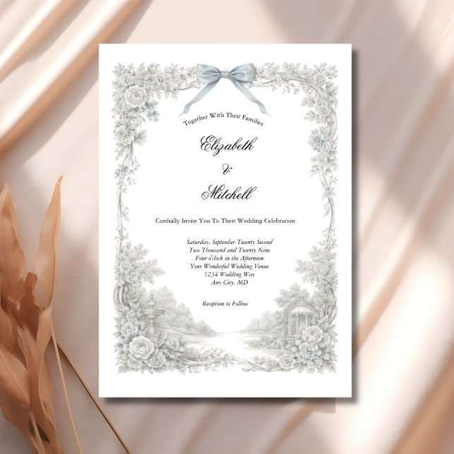 Convites White Blue Toile Floral Coquette Bow Elegant  (White Ivory Light Blue Toile Florals and coquette Bow Elegant Wedding invitation. Printed or Digital)