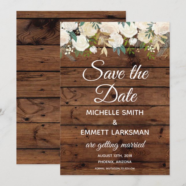 Convites White Boho Floral Rustic Dourada Salve a Data (Frente/Verso)