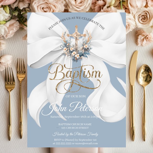 Convites White Bow Floral Cross Baptism Dusty Blue (Criador carregado)
