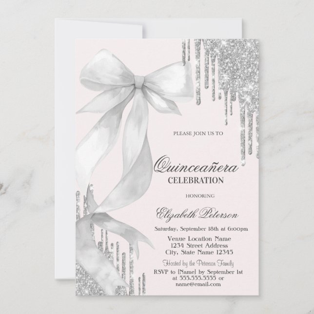 Convites White Bow Silver Glitter Drips Quinceañera (Frente)