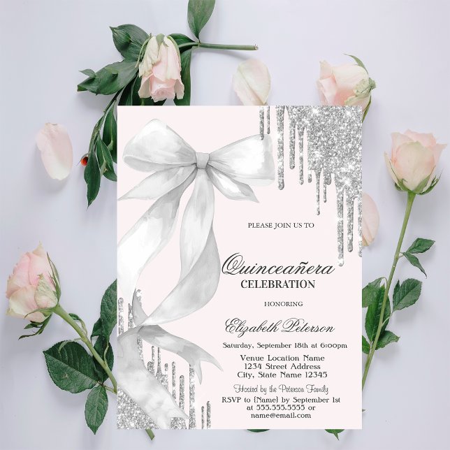 Convites White Bow Silver Glitter Drips Quinceañera (Criador carregado)