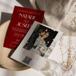 Convites White Burgundy Minimalist QR Code Photo Wedding