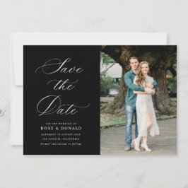 Convites White calligraphy black wedding save the date card
