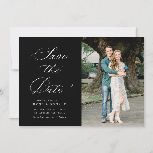 Convites White calligraphy black wedding save the date card (Frente)