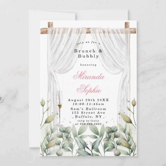 Convites White Canopy Pink Florals Brunch & Bubble Invites (Frente)