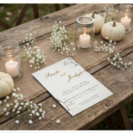Convites White Cherry Blossom & Gold Script Elegant Wedding
