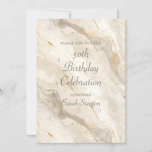 Convites White Cream Marble 50th Birthday (Frente)