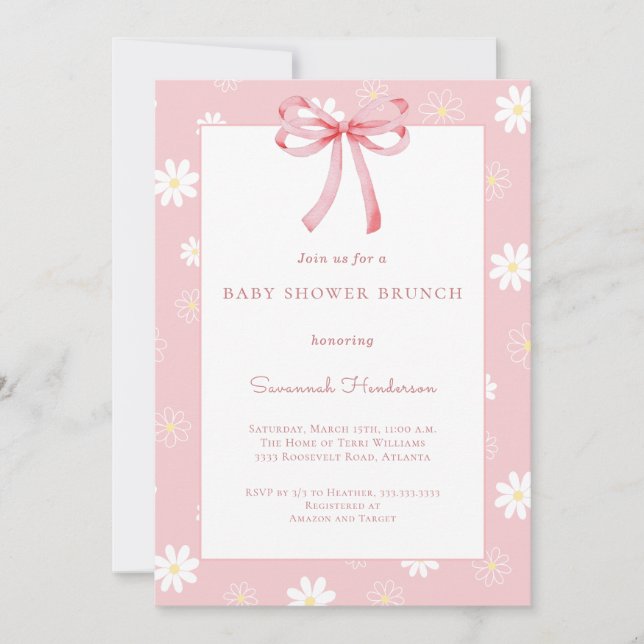 Convites White Daisies Pink Bow Ribbon Baby Shower Brunch  (Frente)