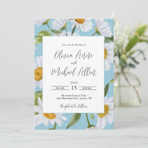 Convites White Daisies Watercolor Blue Casation