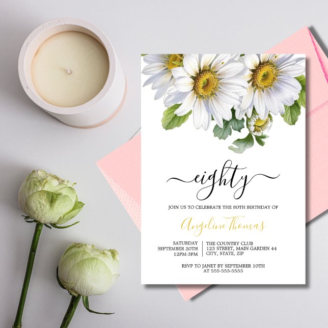 Convites White Daisy Floral Greenery Script Birthday (Criador carregado)