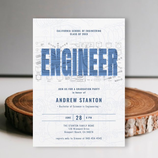 Convites White Draft Party do Engenheiro de Graduação de En (engineering engineer graduation ceremony party invitation white blue template modern minimalist)