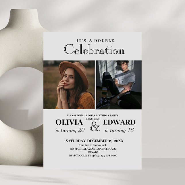 Convites White e Black Double Birday minimalistas (Criador carregado)