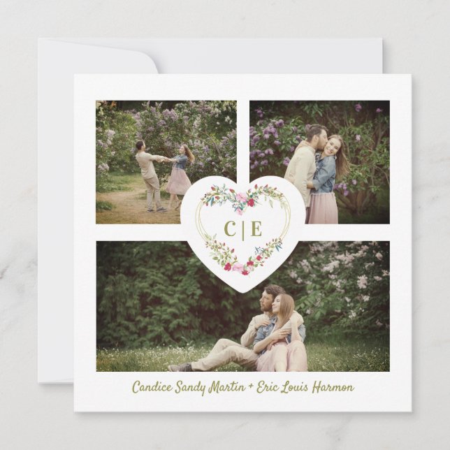 Convites White Elegant Floral Pink Heart 3 Photos  Wedding (Frente)