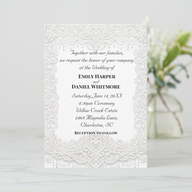 Convites White Elegant Lace Wedding Invitation (Em pé/Frente)