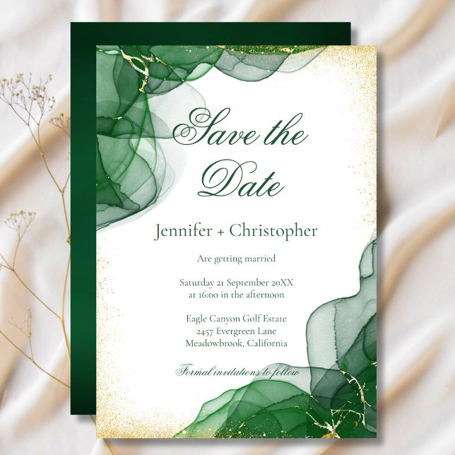 Convites White Emerald Green Gold Marble Save The Date Card (White Emerald Green Gold Marble Save The Date Card)