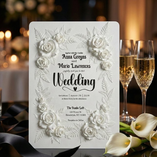 Convites White Faux Bas Relief Floral Wedding Invitation (Criador carregado)