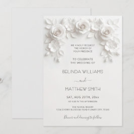 Convites White Faux Relief Roses Frame Wedding Minimalist