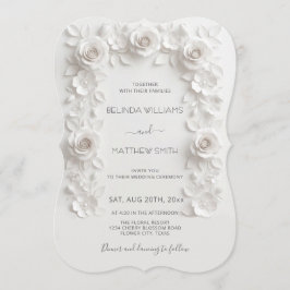 Convites White Faux Relief Roses Frame Wedding Minimalist