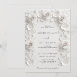 Convites White Faux Relief Roses Frame Wedding Minimalist