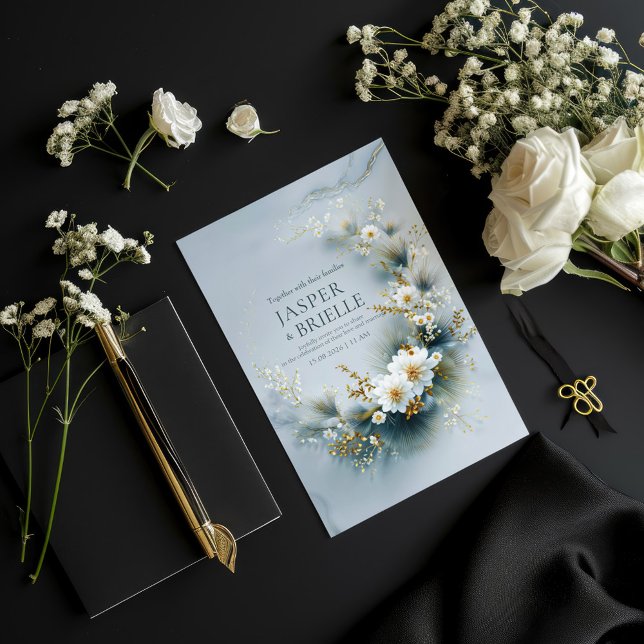 Convites White Floral and Blue Pine Gold Wreath Wedding (Criador carregado)
