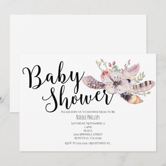Convites White Floral Boho Chic Baby Shower Invasões (Frente/Verso)