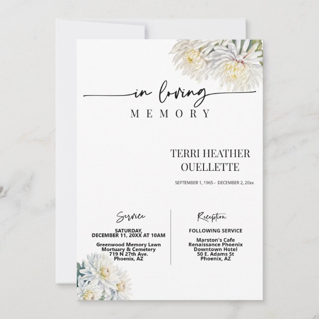 Convites White Floral Boho Funeral Memorial Foto (Frente)